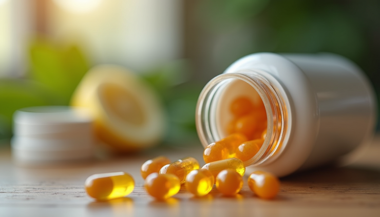 Close-up view of a vitamin D supplement bottle with capsules