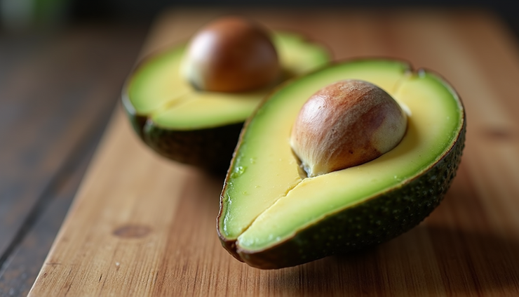 Close-up view of a halved avocado showing its creamy green flesh and large seed
