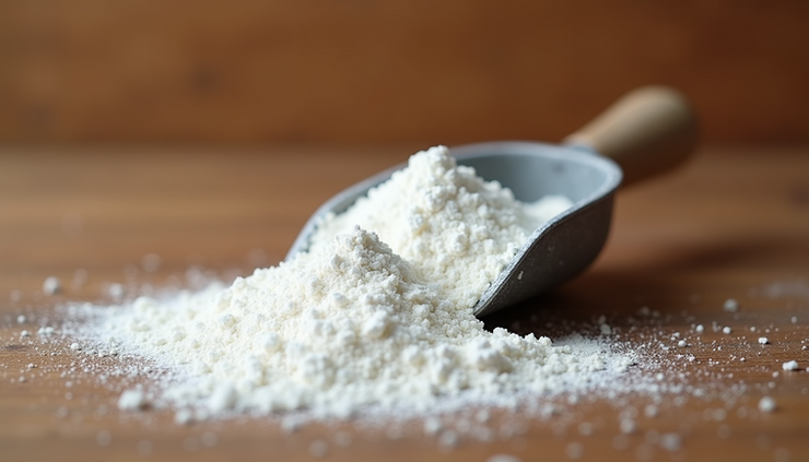 Close-up view of creatine powder in a white scoop on a wooden surface