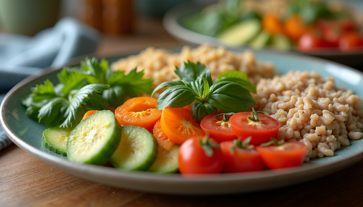 Eye-level view of a colorful plate with fresh vegetables, grains, and lean protein