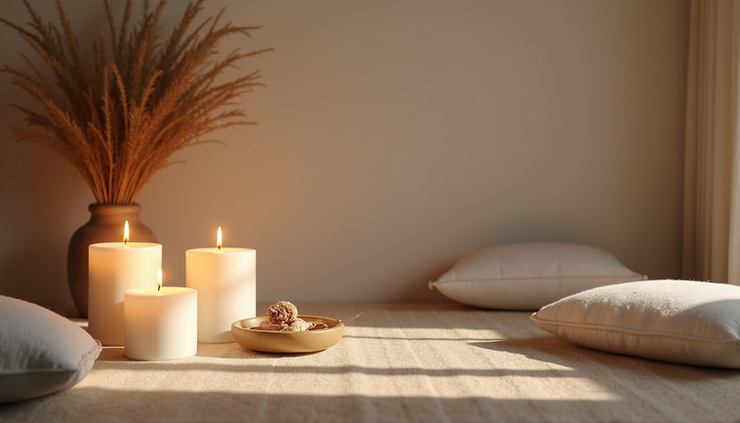 Eye-level view of a serene meditation space with candles and cushions