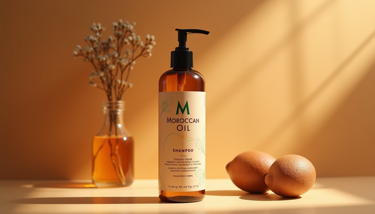 Close-up view of a bottle of Moroccan oil shampoo with natural argan oil beside it