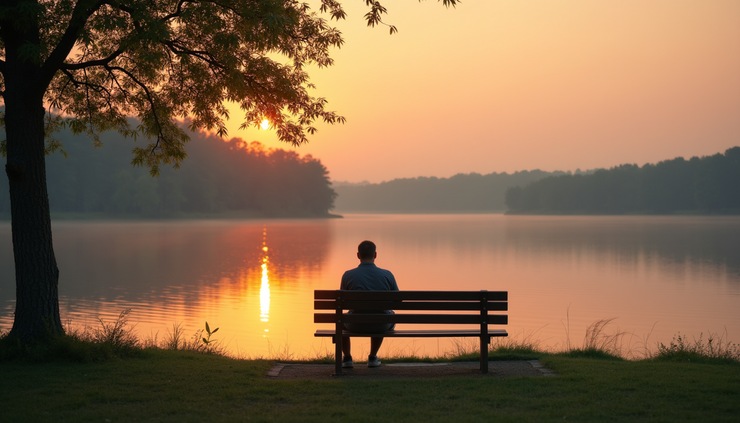 Eye-level view of a person sitting alone on a park bench looking at a calm lake during sunset