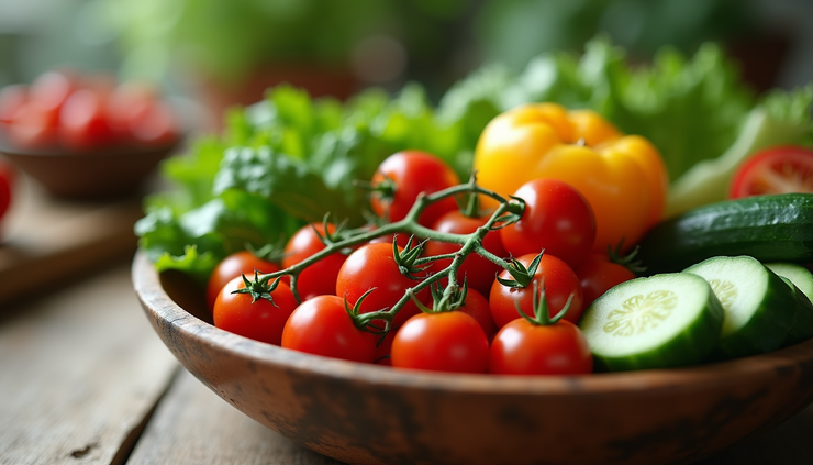 Close-up view of a colorful bowl of mixed fresh vegetables including cherry tomatoes, cucumbers, and leafy greens