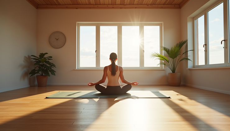 Eye-level view of a yoga studio with a single person practicing a seated meditation pose