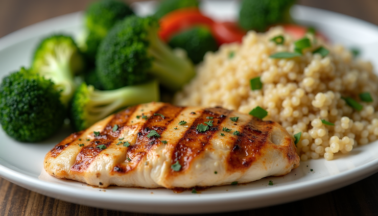 Eye-level view of a colorful plate with fresh vegetables and lean protein