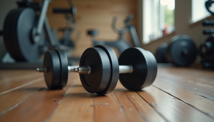 Eye-level view of a set of adjustable dumbbells neatly arranged on a wooden floor