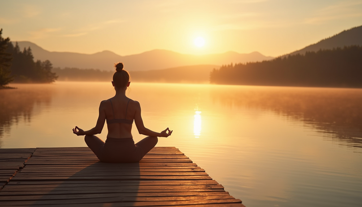 Eye-level view of a person practicing yoga on a wooden deck overlooking a calm lake at sunrise