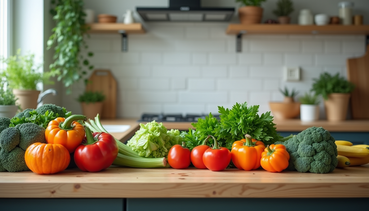 Eye-level view of a kitchen counter with fresh vegetables and affordable groceries