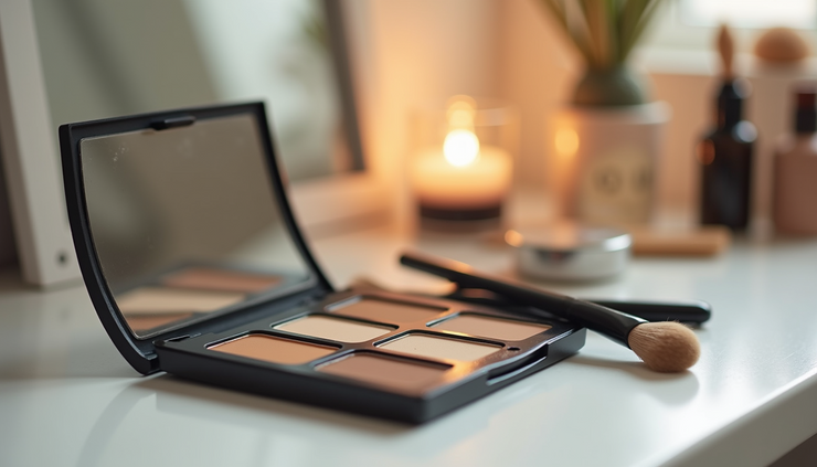 Close-up view of makeup brushes and foundation palette arranged neatly on a vanity table