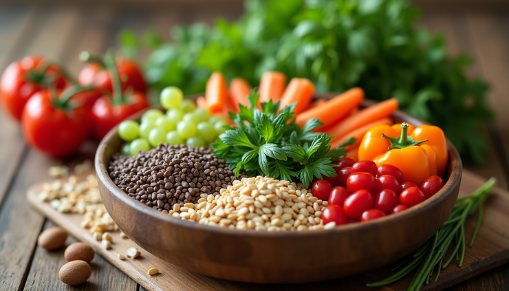 Close-up view of a colorful bowl of mixed fresh vegetables and grains