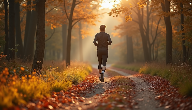 Eye-level view of a person jogging on a forest trail during autumn