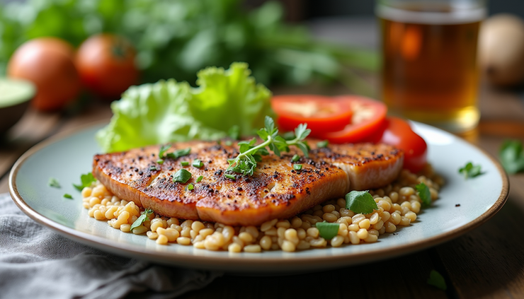 Eye-level view of a balanced meal plate with grilled chicken, steamed vegetables, and quinoa