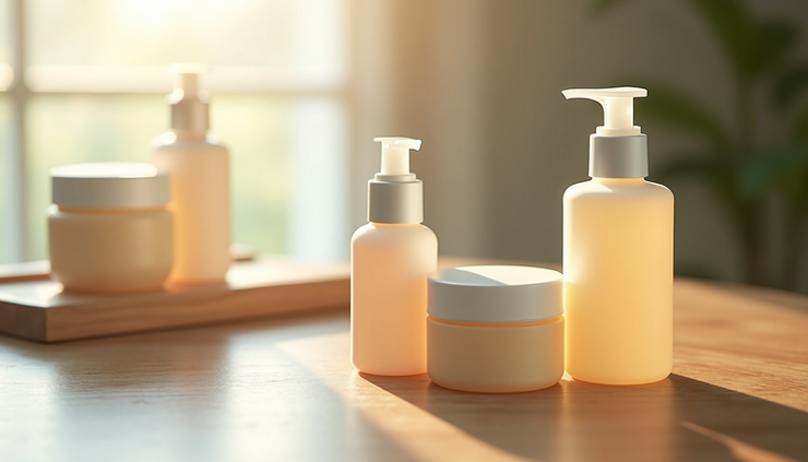 Close-up view of Korean skincare products arranged neatly on a wooden surface