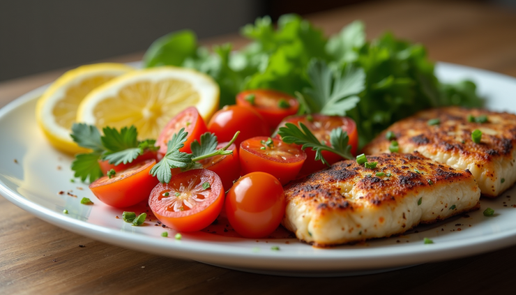 Eye-level view of a colorful plate with healthy vegetables and lean protein