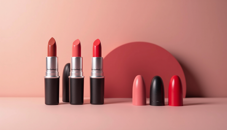 Close-up view of various MAC lipstick tubes arranged by color gradient