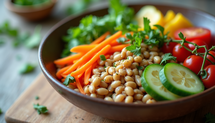 Eye-level view of a colorful bowl of mixed fresh vegetables and grains