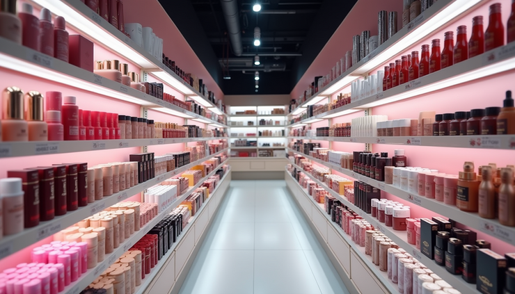 Eye-level view of a well-organized Ulta Beauty store aisle filled with colorful makeup products