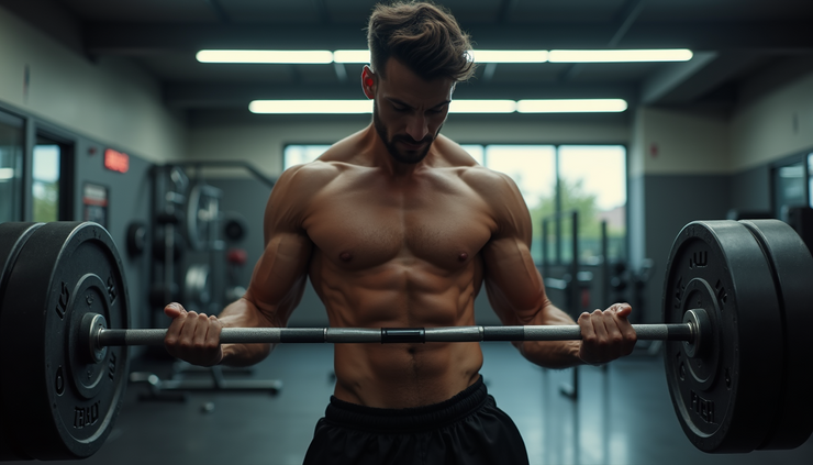 Eye-level view of a muscular individual lifting heavy weights in a gym