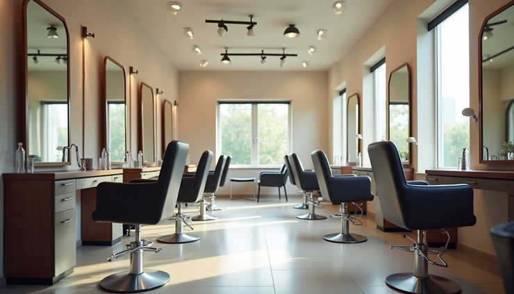 Eye-level view of a modern hair salon interior with styling chairs and mirrors