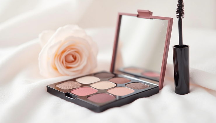 Close-up view of Chanel makeup products arranged on a white surface