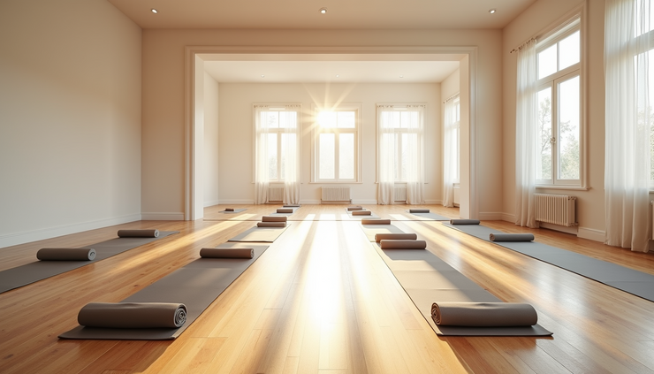 Eye-level view of a serene yoga studio with natural light and mats neatly arranged