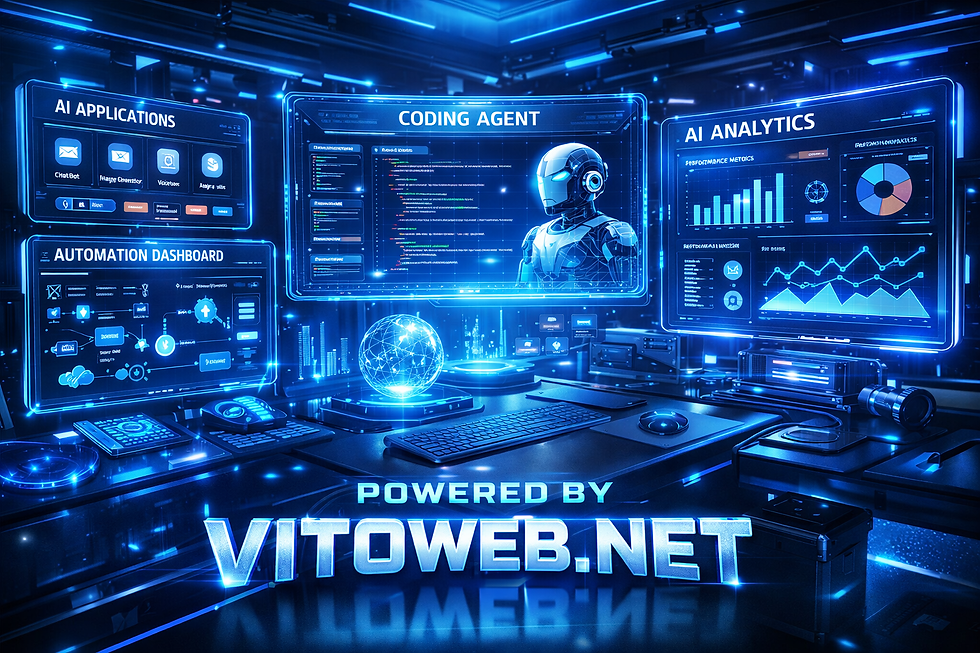 High-tech workspace powered by Vitoweb.net, showcasing AI applications, analytics, and automation systems with a futuristic coding agent interface.