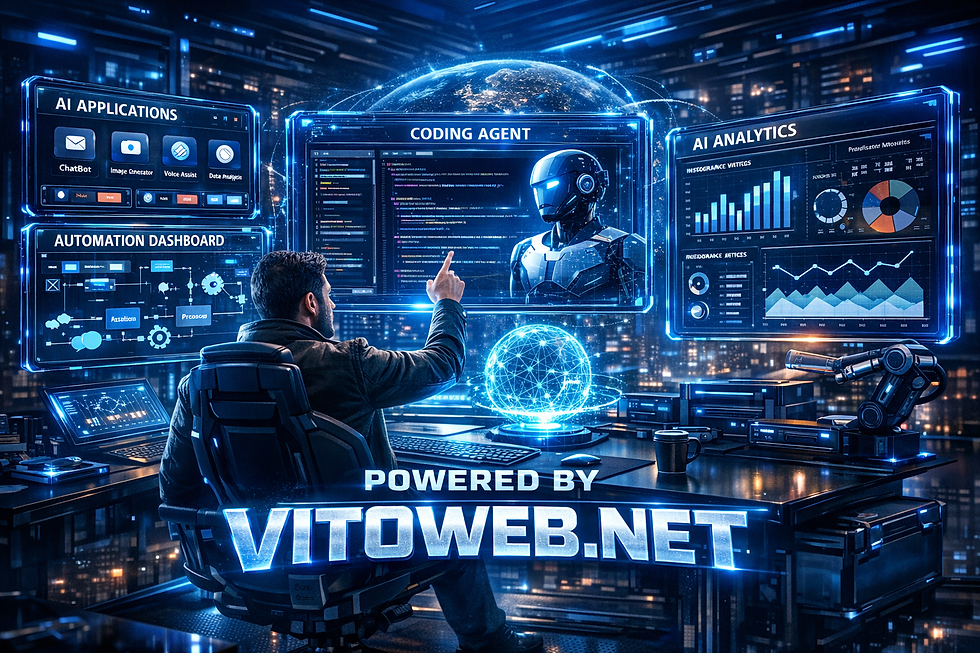 In a futuristic control room, a person interacts with advanced AI systems, including a coding agent, AI applications, and analytics dashboards, all powered by Vitoweb.net.