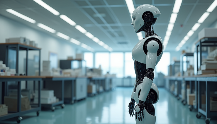Eye-level view of a humanoid robot standing in a modern lab environment