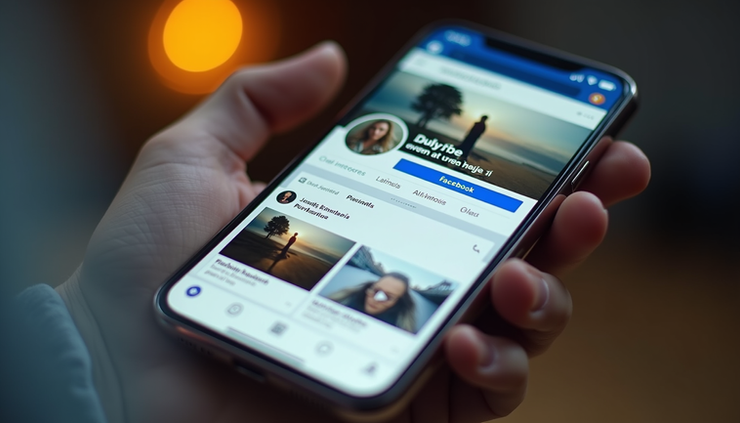 High angle view of a smartphone displaying a Facebook profile with a mix of video posts and photo albums