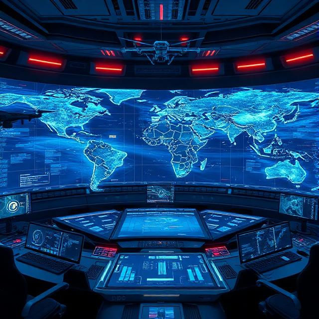 A futuristic command center equipped with advanced technology interfaces and a large digital world map display, highlighting global connectivity and strategic data monitoring.