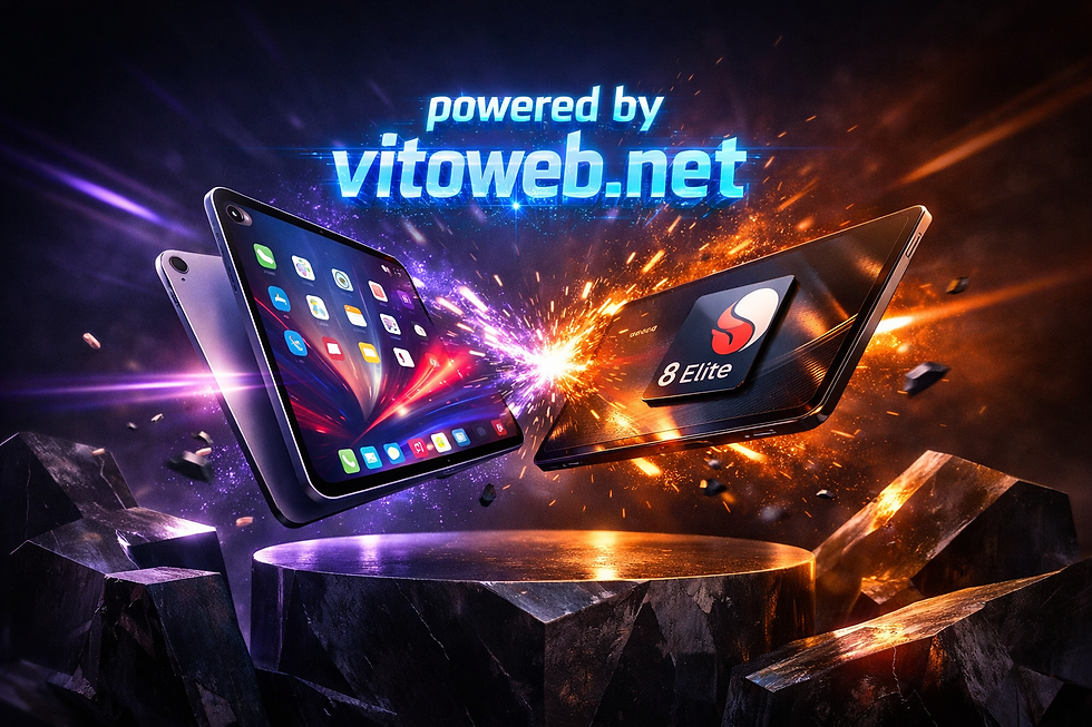 "Dynamic Clash: Featuring a smartphone with vibrant icons and a powerful 8 Elite processor, powered by vitoweb.net."