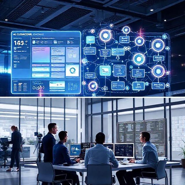 In a high-tech control room, a team of professionals analyzes complex data from futuristic holographic displays, coordinating efforts and leveraging AI-driven insights to optimize operations.