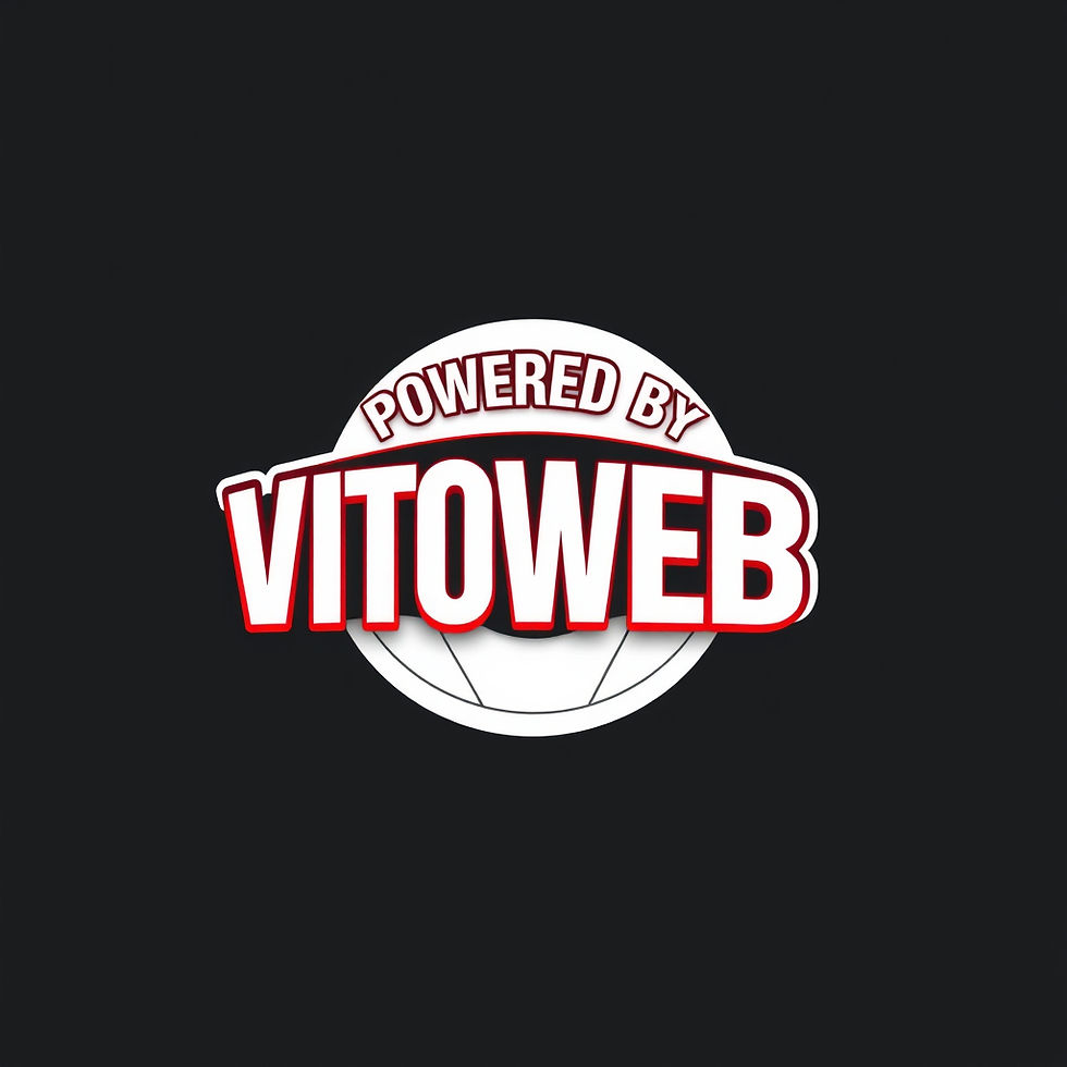 "Bold logo design featuring 'Powered by VITOWEBNET' in striking red and white, set against a sleek black background."