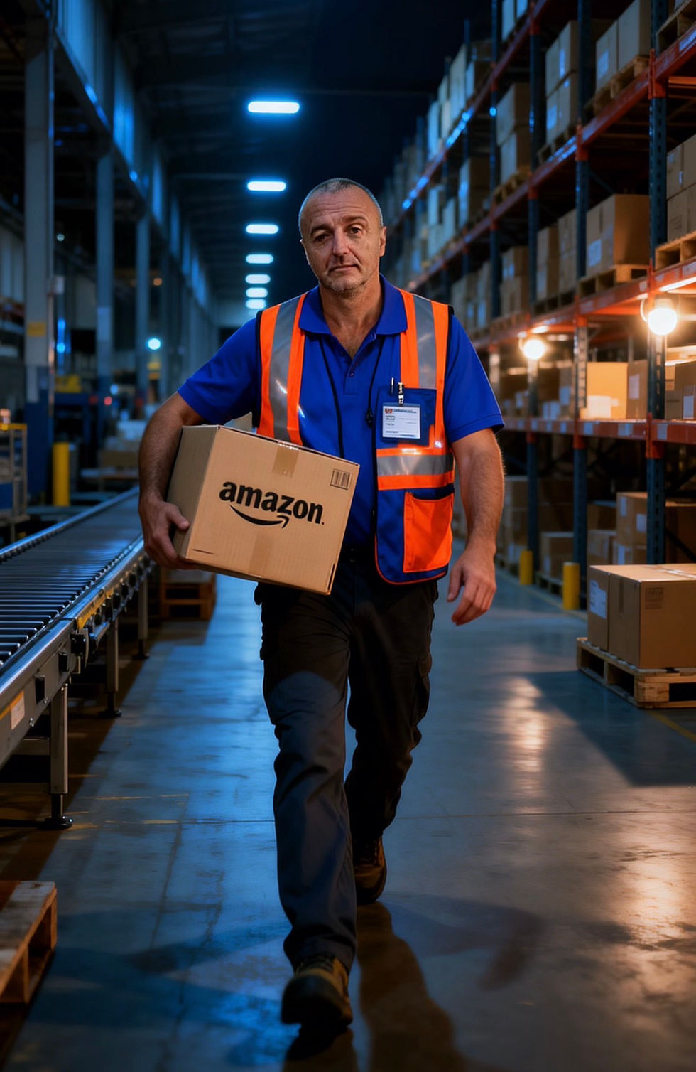 Worker carrying Amazon box in warehouse aisle.