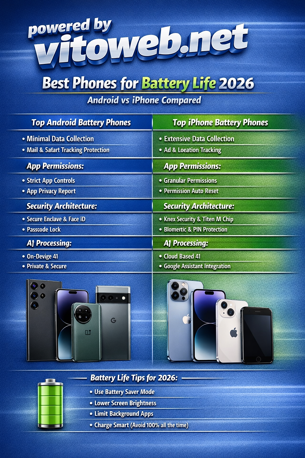 Comparison of the Best Phones for Battery Efficiency in 2026: Android vs. iPhone, featuring user tips and top devices for optimal battery life.