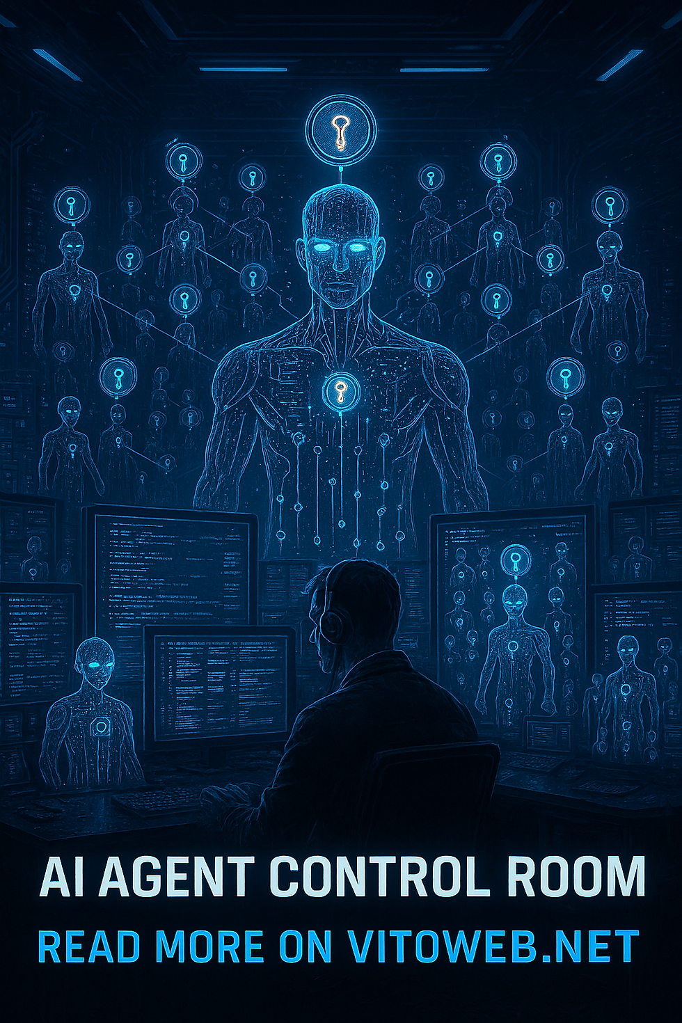 AI controllers manage a network of interconnected agents from a futuristic control room.