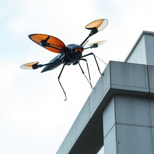 A futuristic robotic insect, resembling a dragonfly, hovers near the edge of a modern building, showcasing advanced technology and innovation in drone design.