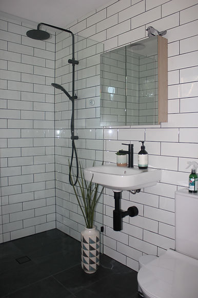 Black on white subway tile bathroom renovation