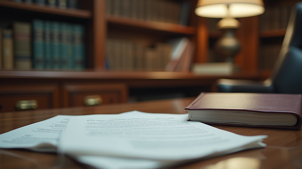 Eye-level view of a law office with legal books and documents