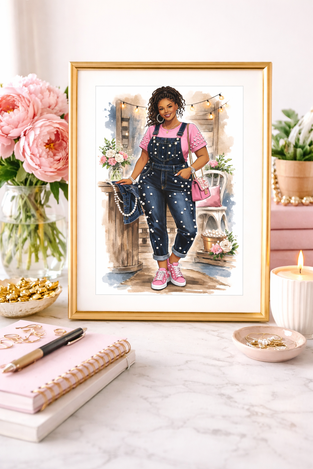 Afro Woman in Polka Dot Overalls Matte Canvas