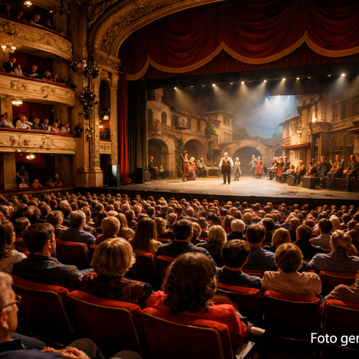 palco di teatro con platea di persone che guardano uno spettacolo (IA)