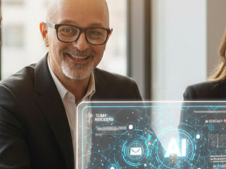 Colleagues smiling at holographic screen labeled AI Agents in office with city view. Screen shows digital network design. Bright, modern setting.