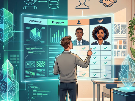Man compares AI and human traits on a glowing dashboard labeled Accuracy and Empathy, with charts, checkmarks, and handshake icons.
