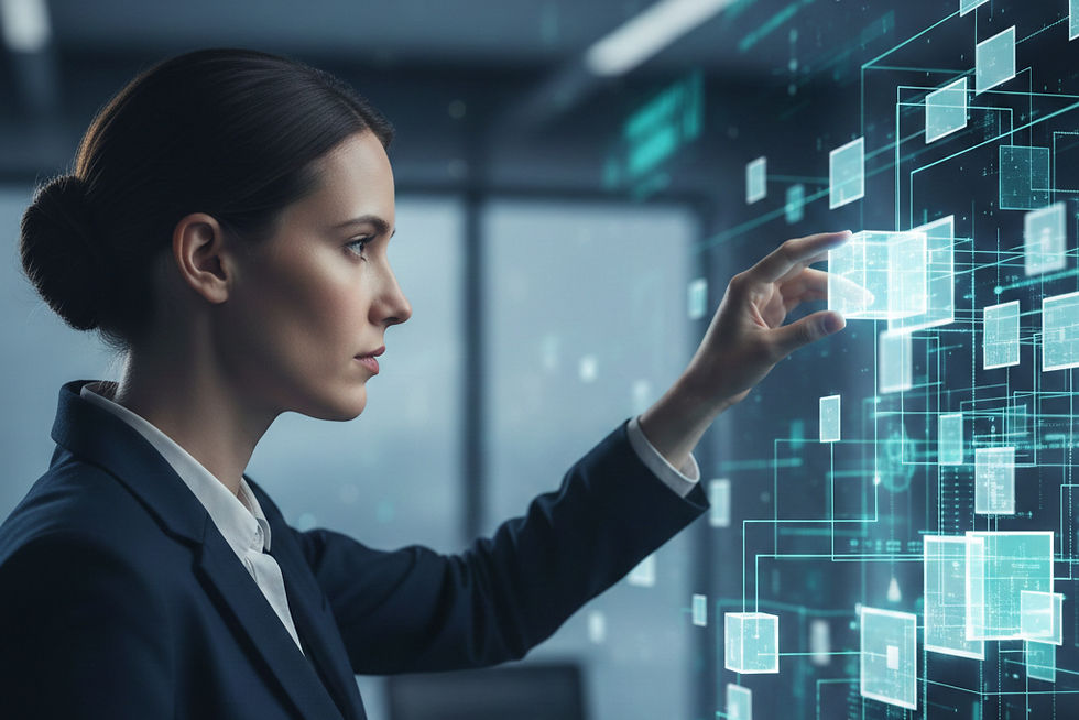 Woman in suit interacts with glowing digital interface, touching floating data blocks. Glass office background gives a futuristic feel. This is an AI generated image.