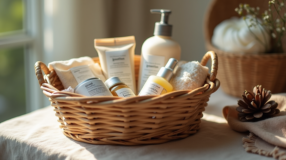 Eye-level view of a cozy gift basket filled with handmade bath products