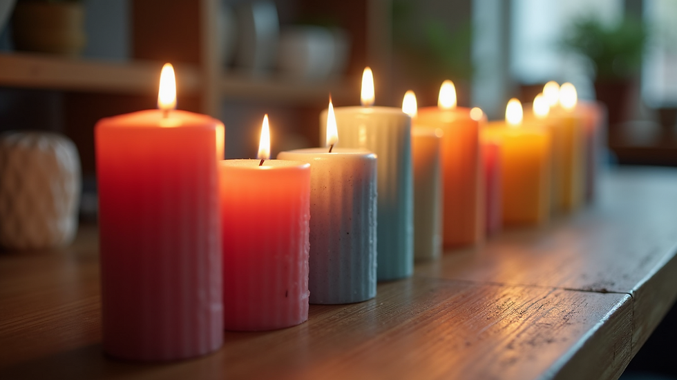Close-up view of colorful handmade candles arranged on a wooden table