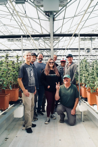 A group of seven Coastal Sun co-founders, owners, and employees stand together in the greenhouse