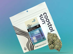 Coastal Sun Blue Andeze greenhouse cannabis flower and 14g package floating over purple, blue, and teal blue and purple gradient.