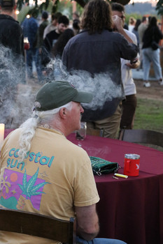 a man wearing a colorful Coastal Sun shirt sits at a table with smoke from Coastal Sun pre-rolls around him
